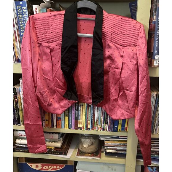 VTG Satin Embroidered Coat Pink Bolero Cropped Black Cindy Lauper Era Iconic M S - Picture 1 of 5